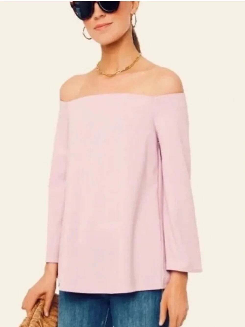 TUCKERNUCK Miranda Sz S Pink Off the Shoulder Blouse Minimalist Date Night Chic